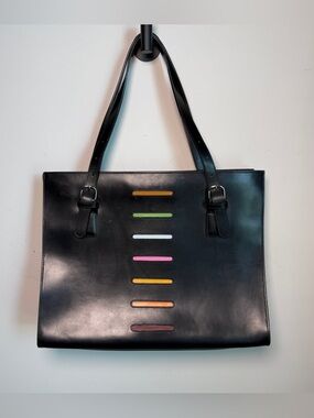 Jack Georges Black Leather Tote Rainbow Inlay Stripe Made in USA Shoulder Bag